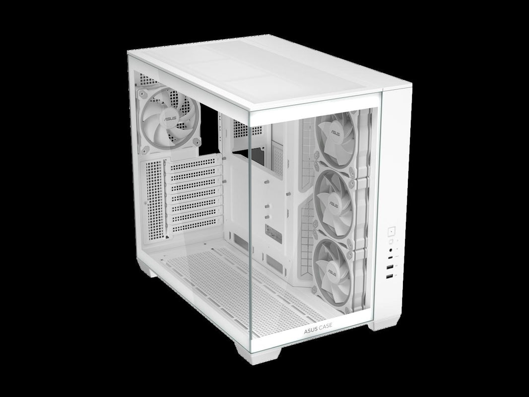 ASUS A32 PLUS White ATX gaming PC case, support 360mm radiators and 420mm graphics cards, dual-chamber chassis for independent cooling zones, four pre-installed ARGB fans and clean cable management