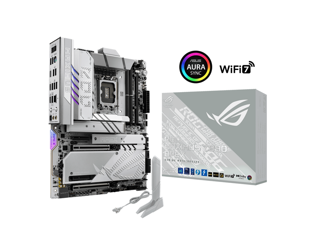ASUS ROG MAXIMUS Z890 APEX Intel® Z890 LGA 1851 ATX motherboard, Advanced AI PC-ready, 22+2+1+2 stages, DDR5, WiFi 7, 5G LAN, 3x PCIe® 5.0 M.2, Thunderbolt™ 4, USB Type-C®, AI OC, Cooling & Networking