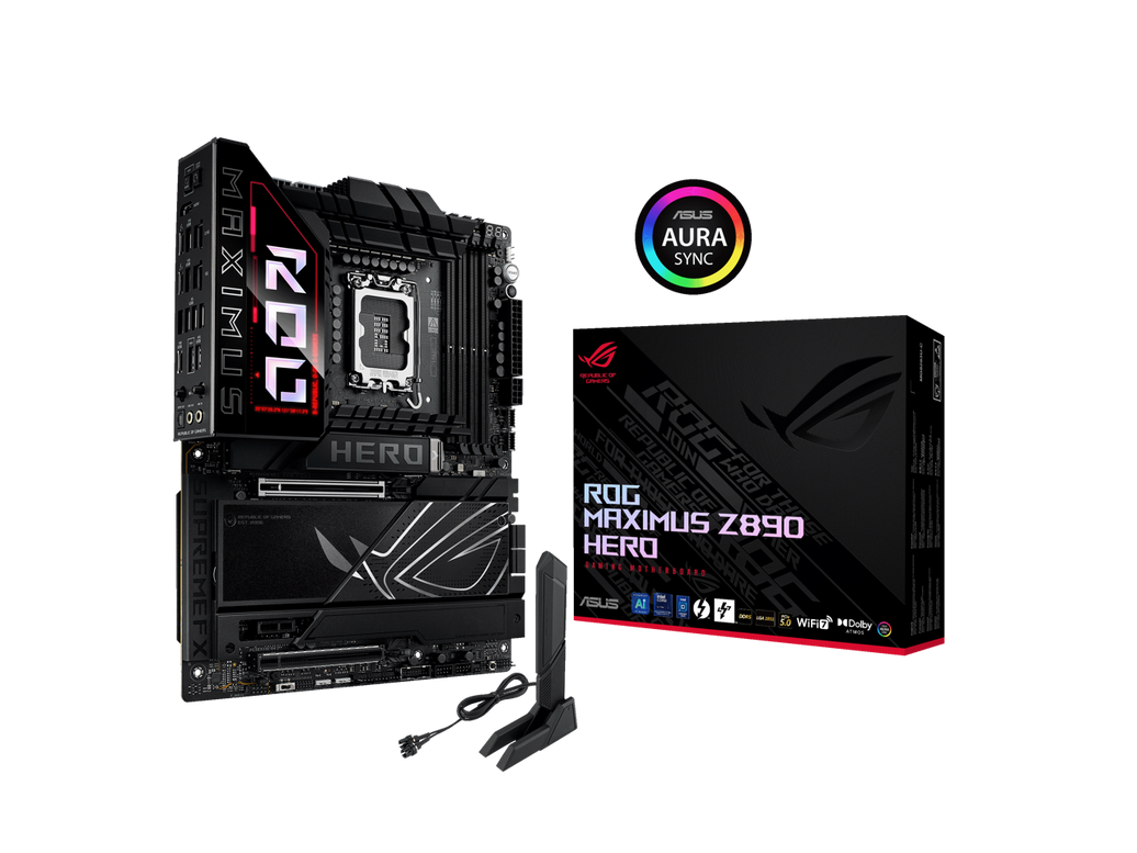 ASUS ROG MAXIMUS Z890 HERO Intel® Z890 LGA 1851 ATX motherboard, Advanced AI PC-ready, 22+2+1+2 stages, DDR5, WiFi 7, 3x PCIe® 5.0 M.2, Thunderbolt™ 4, USB Type-C®, AI Overclocking/Cooling/Networking