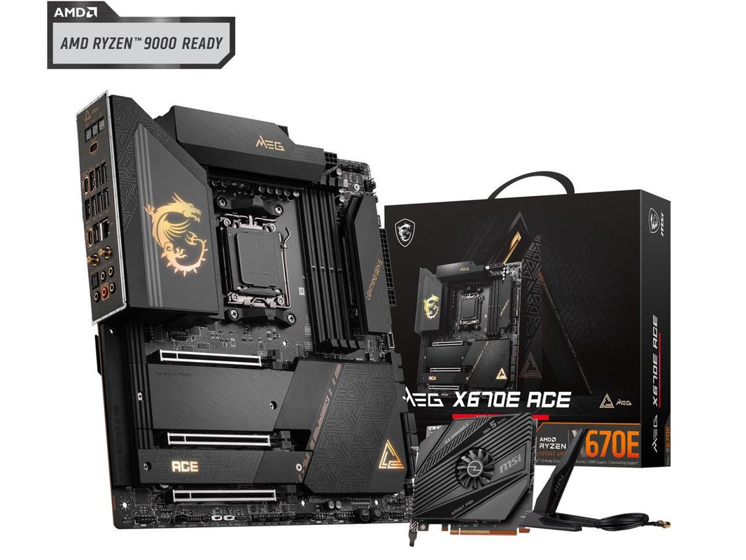 MSI MEG X670E ACE AM5 AMD X670 SATA 6Gb/s E-ATX AMD Ryzen™ 7000 Series Motherboards, DDR5, Wi-Fi 6E, 10G Super LAN + 2.5G LAN, PCIe 5.0 M.2 slots, HD Audio with Audio Boost.