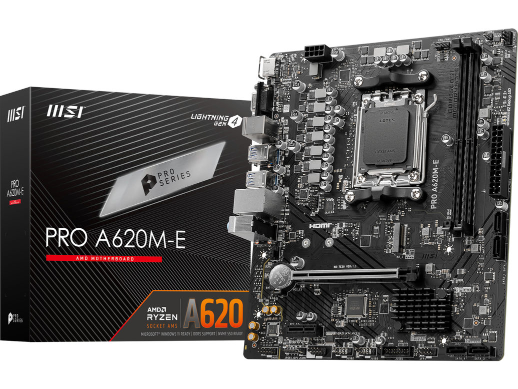 MSI PRO PRO A620M-E AM5 AMD A620 SATA 6Gb/s DDR5 mATX Motherboards AMD Ryzenâ„¢ 7000 Series Desktop Processors