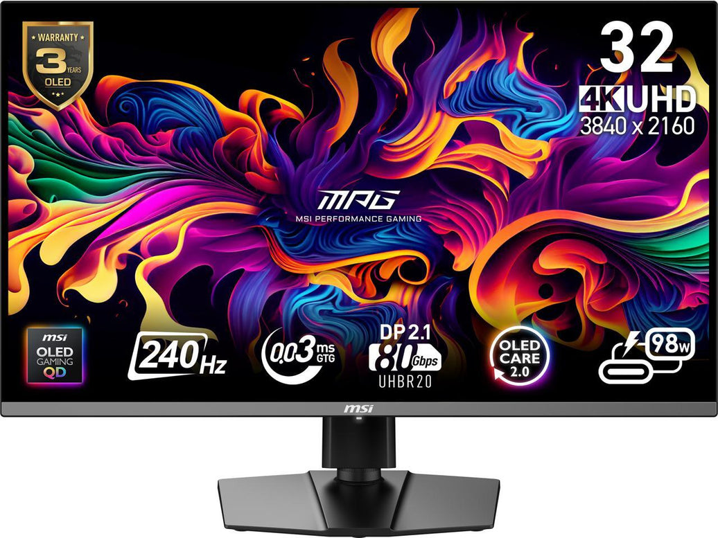 MSI 32" (31.5" Viewable) 240 Hz QD-OLED UHD Gaming Monitor FreeSync (AMD Adaptive Sync) 3840 x 2160 (4K),1xDisplay Port 2.1a, 2xHDMI 2.1 (UHD@240Hz),1xType C, MPG 322URX QD-OLED