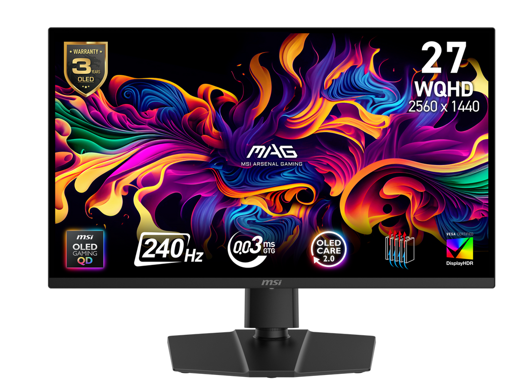 MSI MAG 271QP QD-OLED X24 27-inch 2560 x 1440 (QHD) Gaming Monitor, 240Hz, Adaptive-Sync, HDMI, DisplayPort, VESA Mountable, Tilt, Height Adjustable, Speaker, 0.03ms, Black