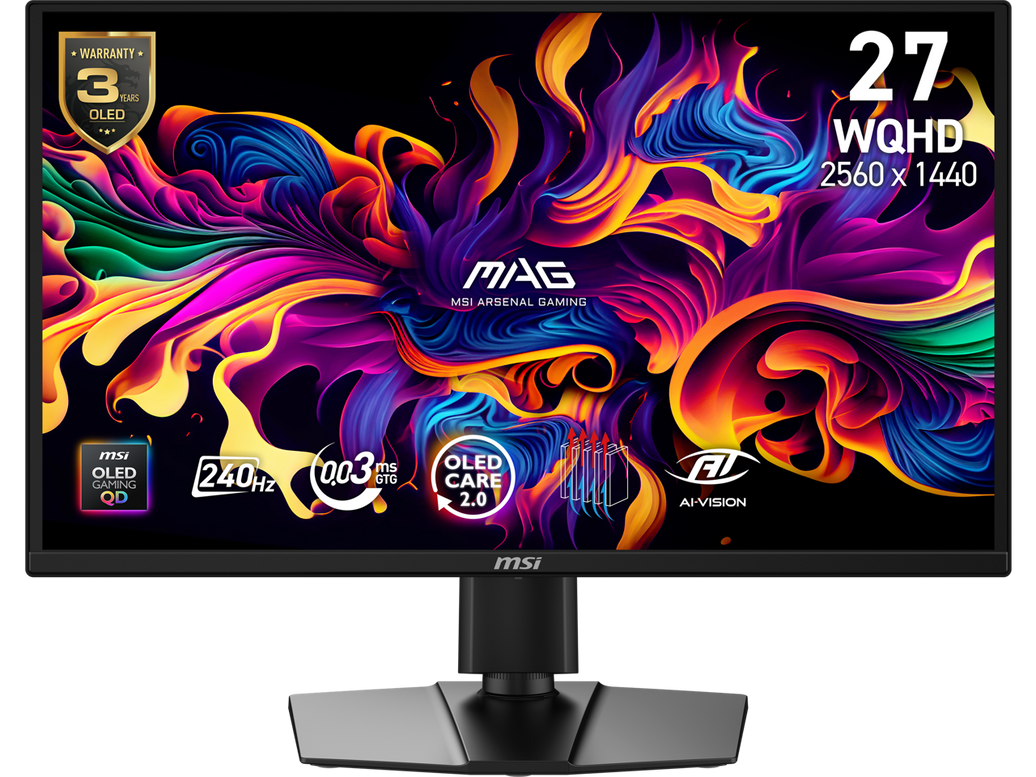 MSI MAG 272QP QD-OLED X24 27" 16:9, 240Hz Gaming Monitor, 0.3ms, 2560 x 1440 (WQHD), 1x DP (1.4a), 2xHDMI (2.1), HDR ready, G-SYNC Compatible & FreeSync Premium