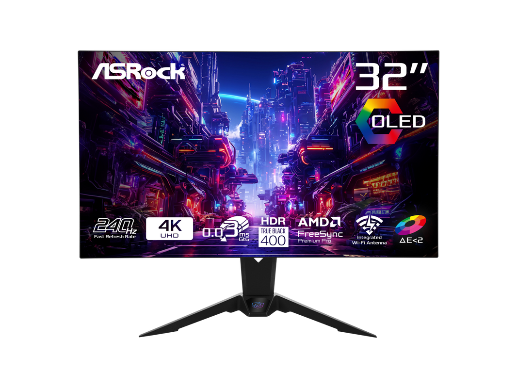 ASRock Phantom Gaming Monitor 31.5" 240Hz 4K/UHD (3840x2160) Flat WOLED, 0.03ms (GTG), 99% DCI-P3 / 132% sRGB Color Space, 2 x HDMI 2.1, 2 x DisplayPort 1.4, 3 x USB, PGO32UFS