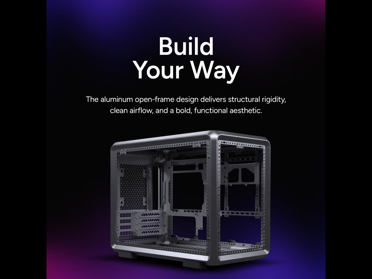 Cooler Master MasterFrame 400 mATX Modular PC Case - Micro-ATX/Mini-ITX, Aluminum Open Frame Chassis, 1 x ARGB Fan Preinstalled, 390mm GPU, 360mm Radiator Support, Black