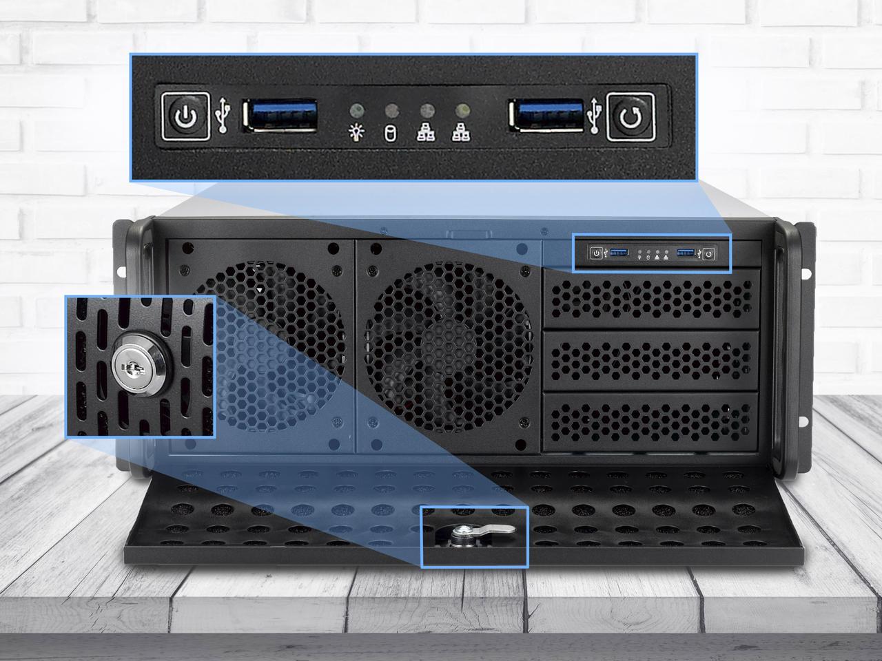 Rosewill 4U Server Chassis Rackmount Case | 8 3.5" HDD Bays, 3 5.25" Devices | ATX, CEB Compatible | 2 Front 120mm Fans, 2 Rear 80mm Fans | 2x USB 3.0 | Front Panel Lock | Silver/Black - RSV-R4000U