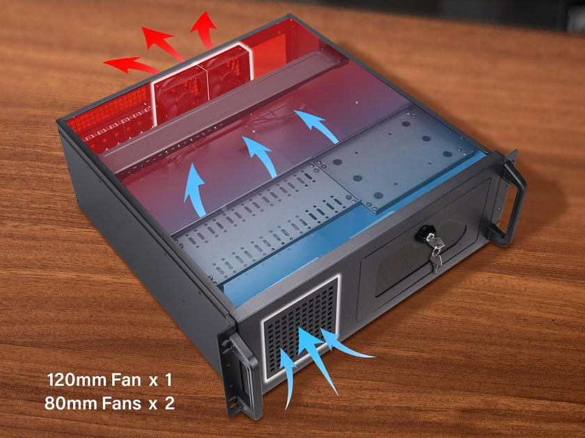 Rosewill 4U Server Chassis Rackmount Case | 7 3.5" Bays, 2 5.25" Devices| ATX, CEB Compatible | 1 120mm PWM Fan, 2 80mm PWM Fans | 2x USB 3.0 | Front Panel Lock and Key | Silver/Black - RSV-R4100U