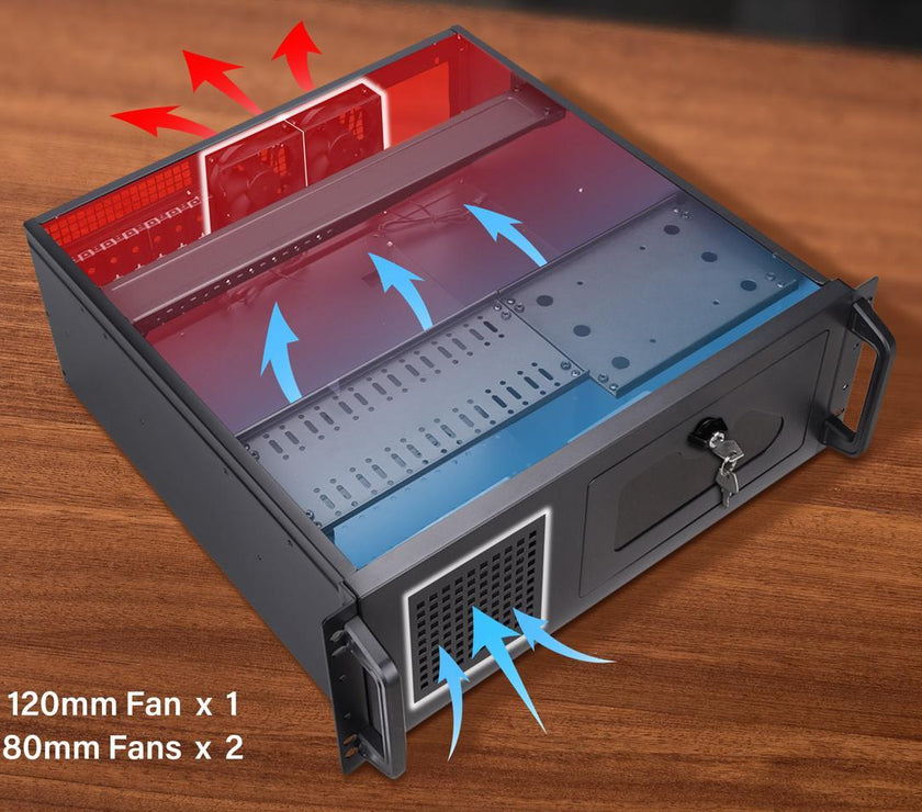 Rosewill 4U Server Chassis Rackmount Case | 7 3.5" Bays, 2 5.25" Devices| ATX, CEB Compatible | 1 120mm PWM Fan, 2 80mm PWM Fans | 2x USB 3.0 | Front Panel Lock and Key | Silver/Black - RSV-R4100U