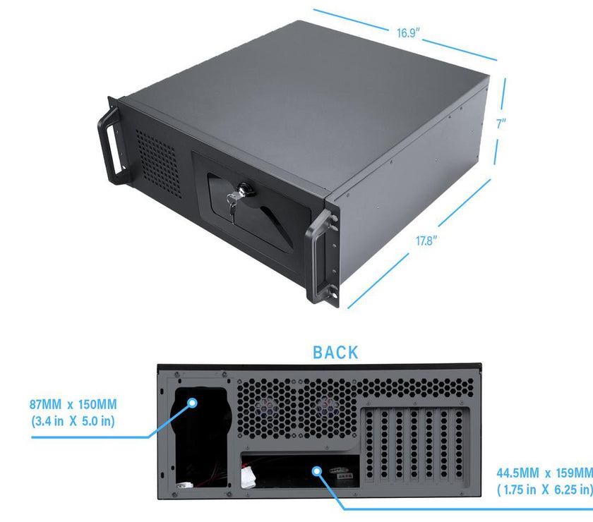 Rosewill 4U Server Chassis Rackmount Case | 7 3.5" Bays, 2 5.25" Devices| ATX, CEB Compatible | 1 120mm PWM Fan, 2 80mm PWM Fans | 2x USB 3.0 | Front Panel Lock and Key | Silver/Black - RSV-R4100U