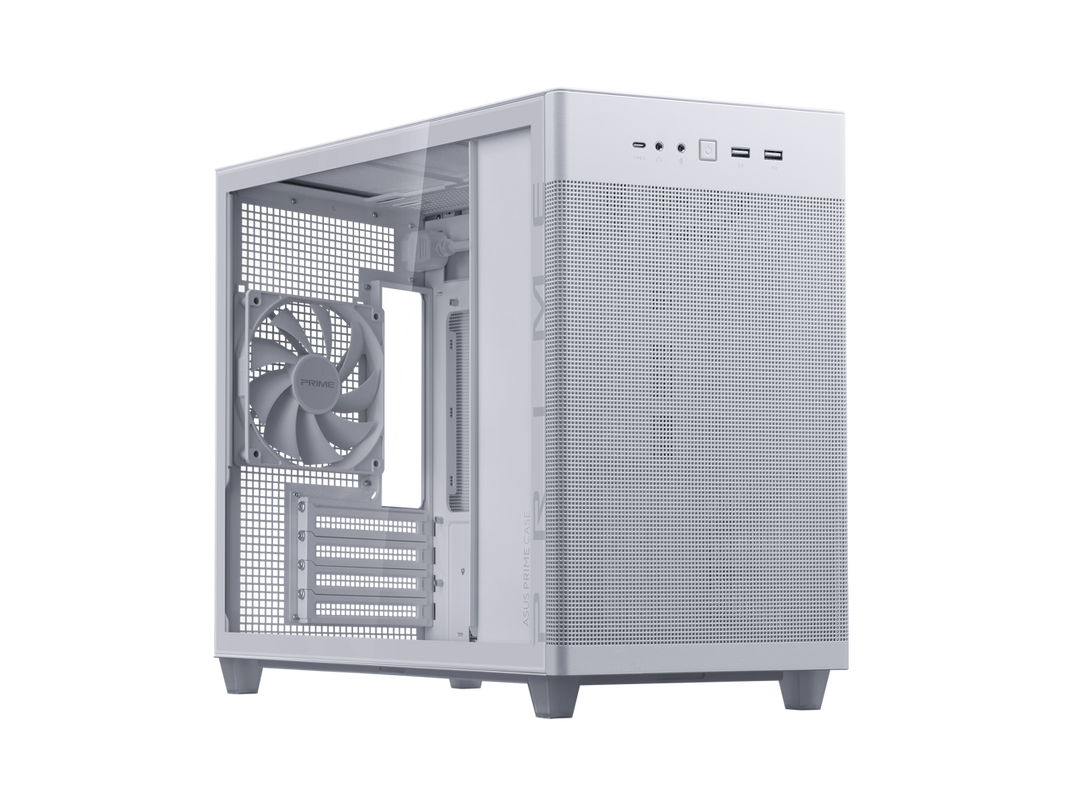 ASUS Prime AP201 White MicroATX Tempered Glass Edition Supports Graphics Cards up to 338mm, 360mm Coolers, & Standard ATX PSUs, Tool-Free Side Panels, Tempered Glass Side & Front Panel USB Type-C®