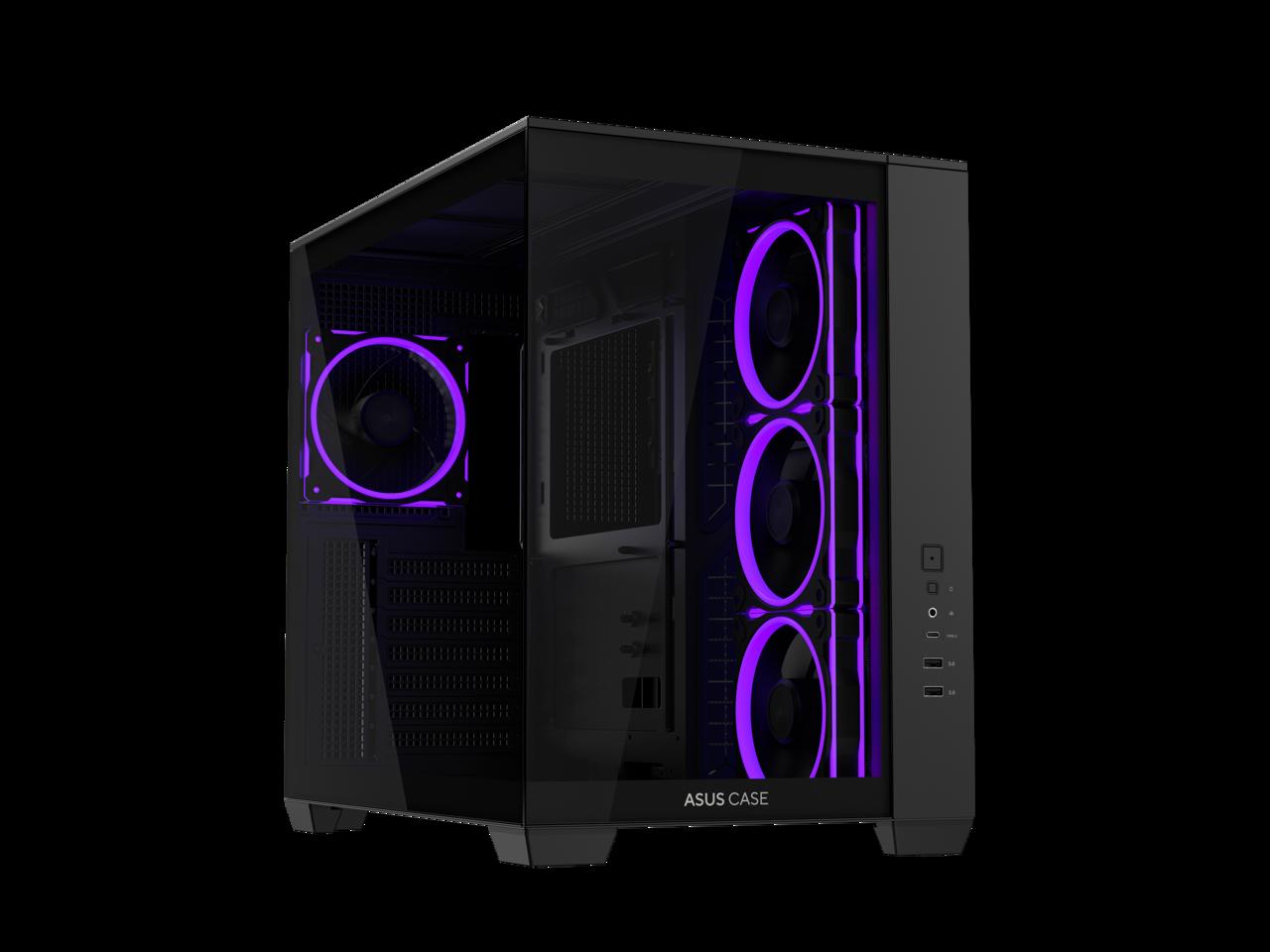 ASUS A32 PLUS Black ATX gaming PC case, support 360mm radiators and 420mm graphics cards, dual-chamber chassis for independent cooling zones, four pre-installed ARGB fans and clean cable management