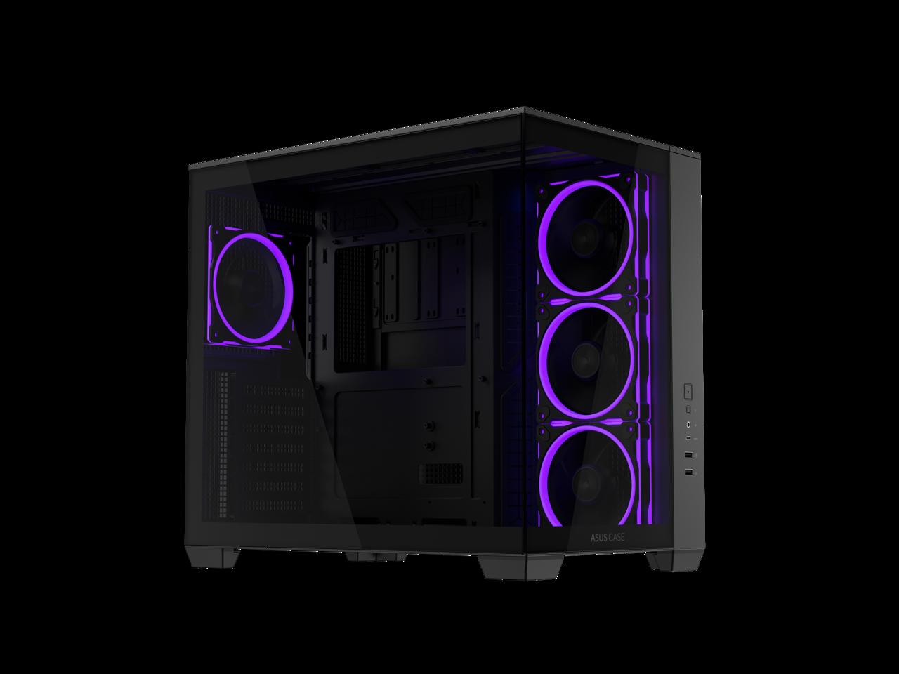 ASUS A32 PLUS Black ATX gaming PC case, support 360mm radiators and 420mm graphics cards, dual-chamber chassis for independent cooling zones, four pre-installed ARGB fans and clean cable management