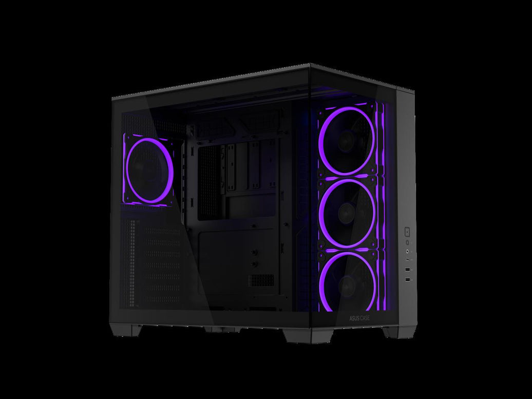 ASUS A32 PLUS Black ATX gaming PC case, support 360mm radiators and 420mm graphics cards, dual-chamber chassis for independent cooling zones, four pre-installed ARGB fans and clean cable management