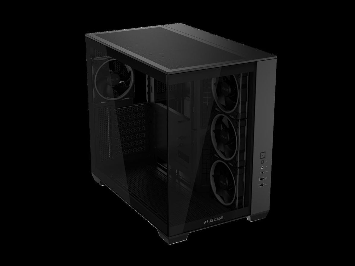 ASUS A32 PLUS Black ATX gaming PC case, support 360mm radiators and 420mm graphics cards, dual-chamber chassis for independent cooling zones, four pre-installed ARGB fans and clean cable management