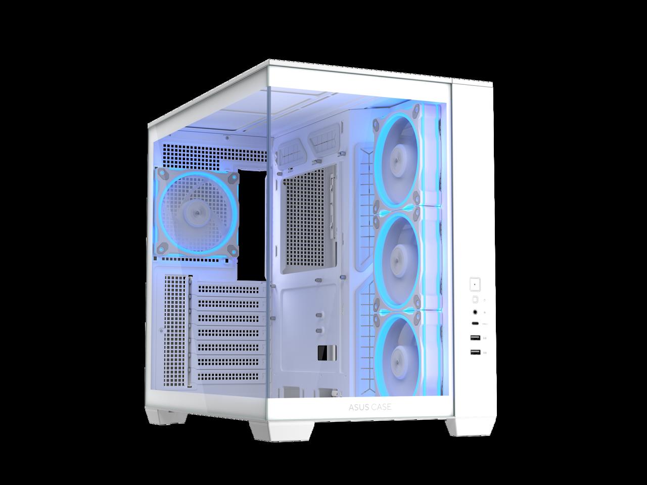 ASUS A32 PLUS White ATX gaming PC case, support 360mm radiators and 420mm graphics cards, dual-chamber chassis for independent cooling zones, four pre-installed ARGB fans and clean cable management