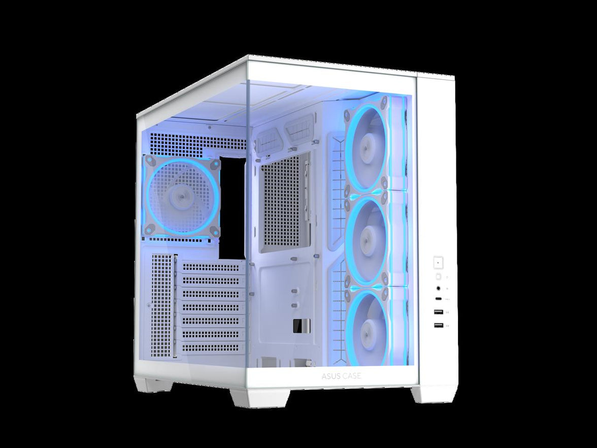 ASUS A32 PLUS White ATX gaming PC case, support 360mm radiators and 420mm graphics cards, dual-chamber chassis for independent cooling zones, four pre-installed ARGB fans and clean cable management