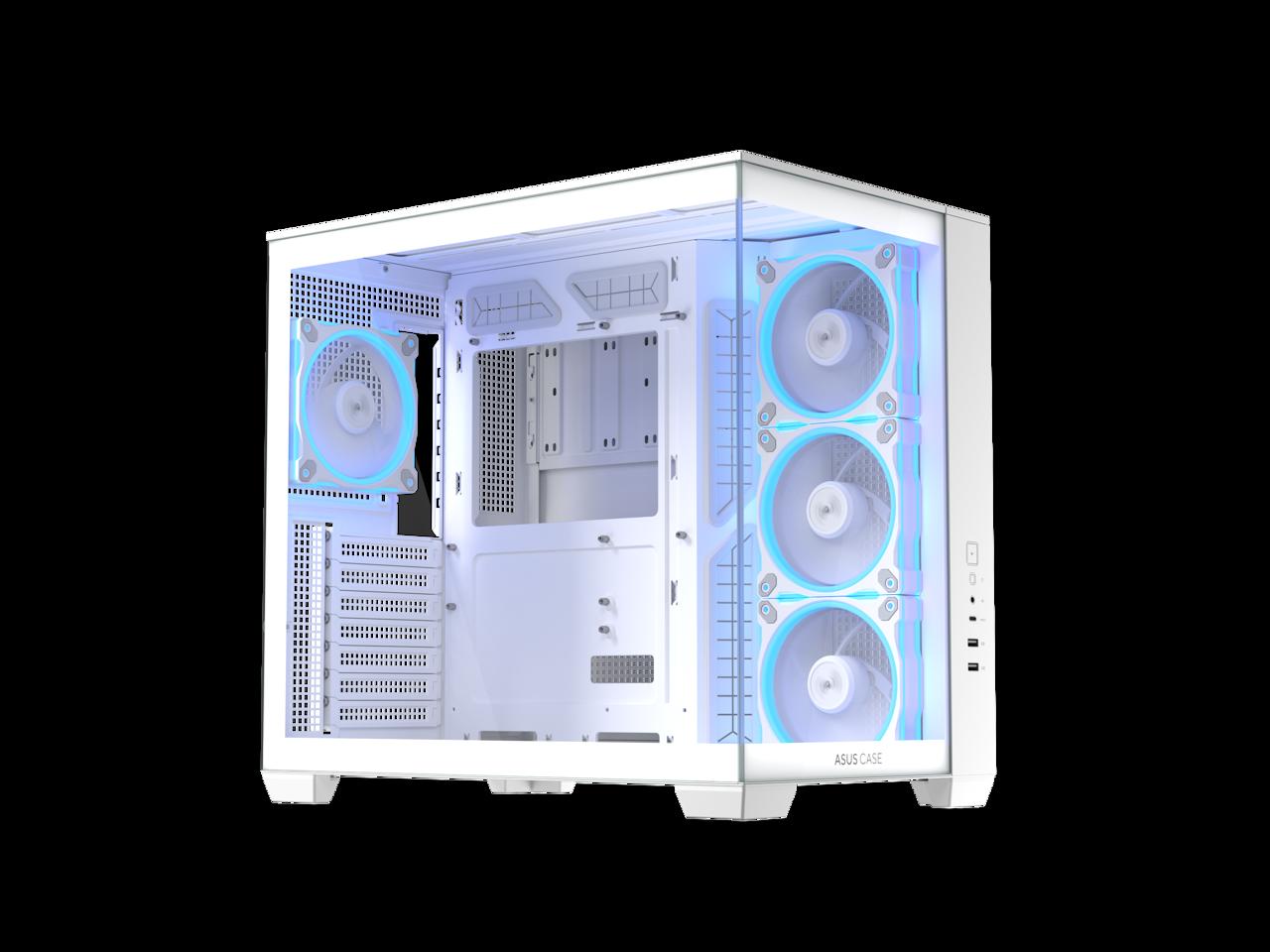ASUS A32 PLUS White ATX gaming PC case, support 360mm radiators and 420mm graphics cards, dual-chamber chassis for independent cooling zones, four pre-installed ARGB fans and clean cable management