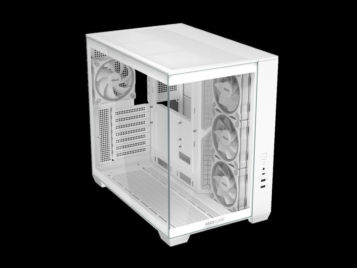 ASUS A32 PLUS White ATX gaming PC case, support 360mm radiators and 420mm graphics cards, dual-chamber chassis for independent cooling zones, four pre-installed ARGB fans and clean cable management