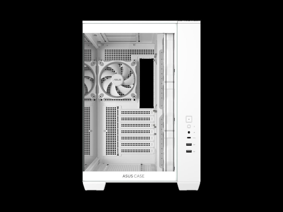 ASUS A32 PLUS White ATX gaming PC case, support 360mm radiators and 420mm graphics cards, dual-chamber chassis for independent cooling zones, four pre-installed ARGB fans and clean cable management