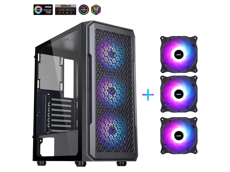 DIYPC S3-BK-ARGB Black USB3.0 Steel/ Tempered Glass ATX Mid Tower Gaming Computer Case w/ Tempered Glass Panel and 3 x ARGB LED Fans x Front (Pre-Installed)