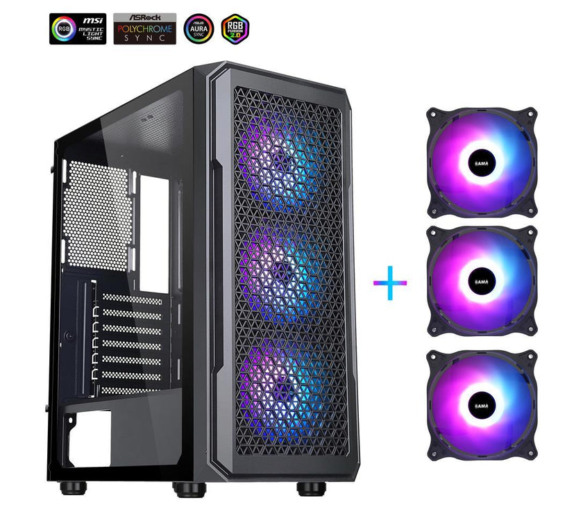 DIYPC S3-BK-ARGB Black USB3.0 Steel/ Tempered Glass ATX Mid Tower Gaming Computer Case w/ Tempered Glass Panel and 3 x ARGB LED Fans x Front (Pre-Installed)