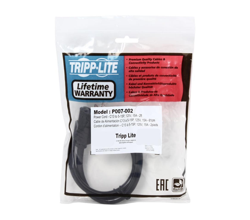 Tripp Lite Model P007-002 2 ft. Heavy-Duty 14AWG Power cord (IEC-320-C13 to NEMA 5-15P)