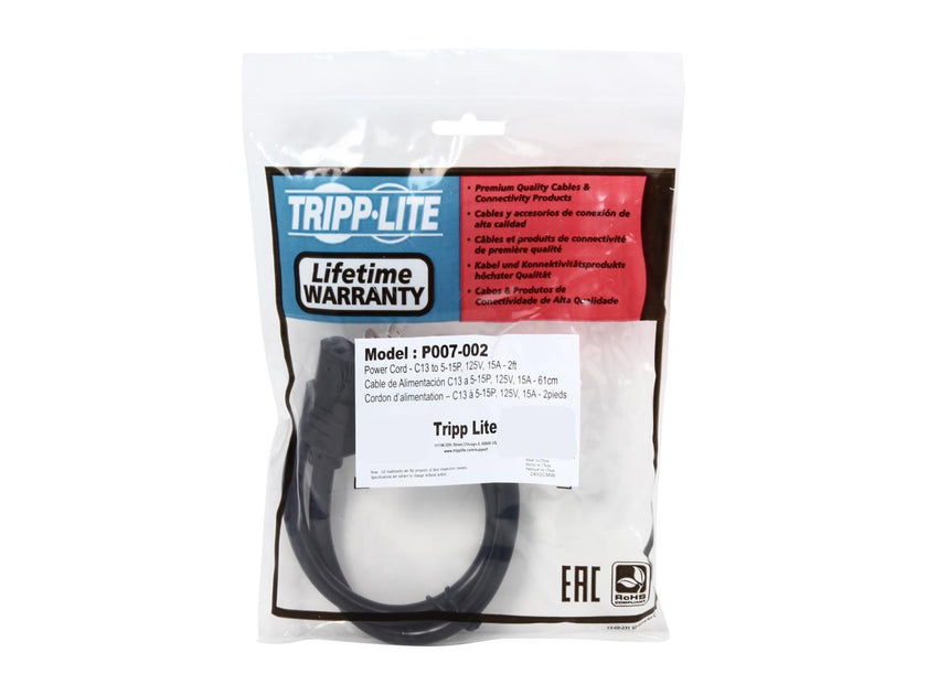 Tripp Lite Model P007-002 2 ft. Heavy-Duty 14AWG Power cord (IEC-320-C13 to NEMA 5-15P)