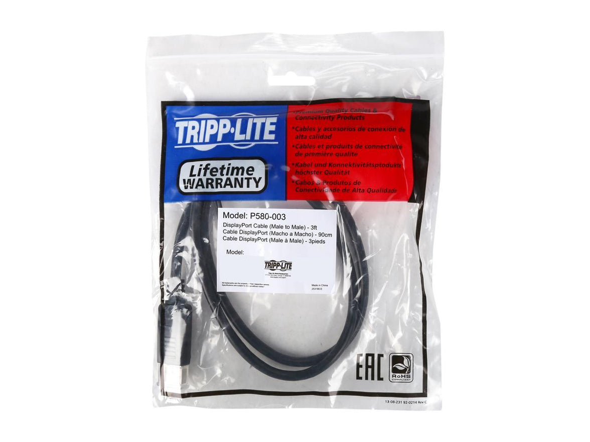 Tripp Lite P580-003 3 ft. Black Displayport Monitor Cable M/M Male to Male