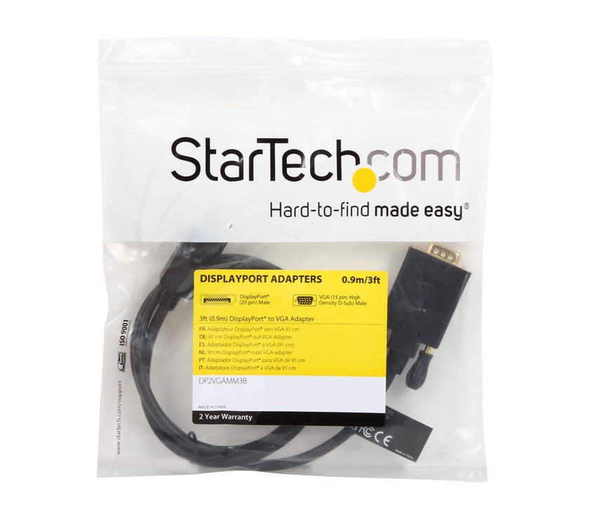 StarTech.com DP2VGAMM3B 3 ft. Black DisplayPort (20 pin) Latching to  VGA (15 pin; High Density D-Sub) Black DisplayPort to VGA Adapter Converter Cable - DP to VGA 1920 x 1200 Male to Male