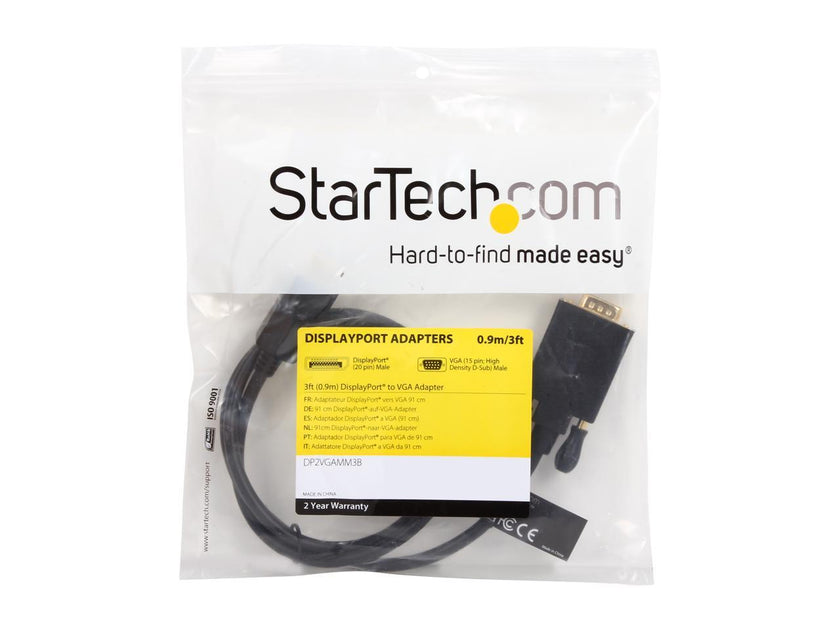 StarTech.com DP2VGAMM3B 3 ft. Black DisplayPort (20 pin) Latching to  VGA (15 pin; High Density D-Sub) Black DisplayPort to VGA Adapter Converter Cable - DP to VGA 1920 x 1200 Male to Male