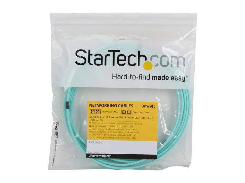 StarTech.com A50FBLCLC3 9.8 ft [3 m] 10 Gb Aqua Multimode 50/125 Duplex LSZH Fiber Patch Cable Male to Male