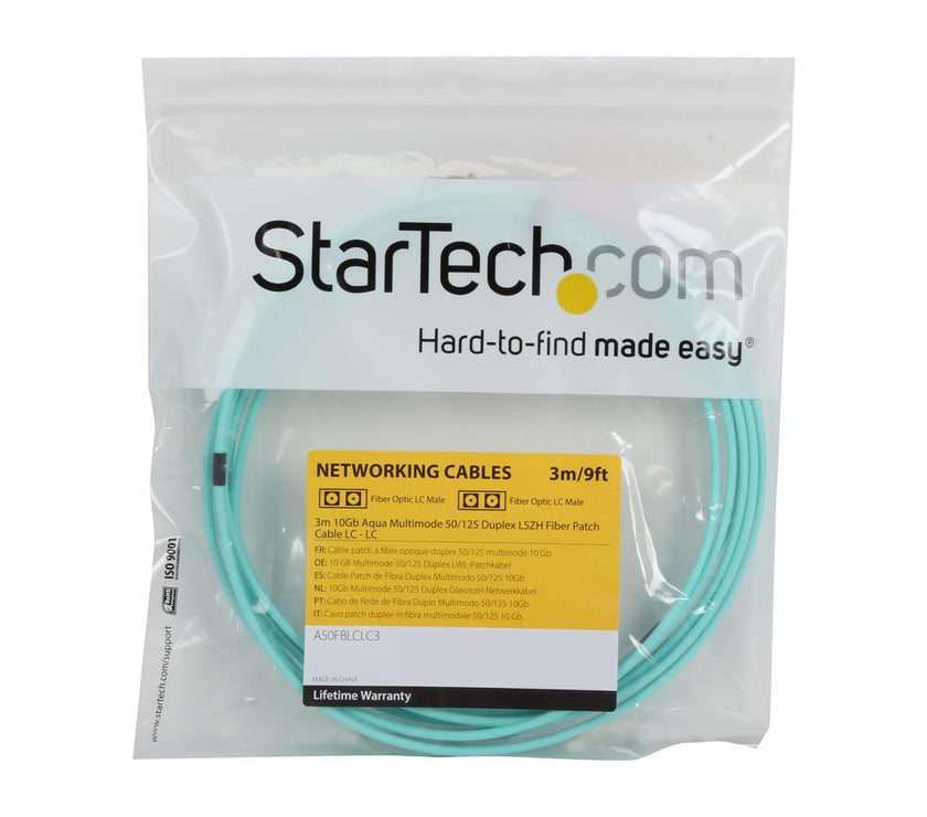 StarTech.com A50FBLCLC3 9.8 ft [3 m] 10 Gb Aqua Multimode 50/125 Duplex LSZH Fiber Patch Cable Male to Male