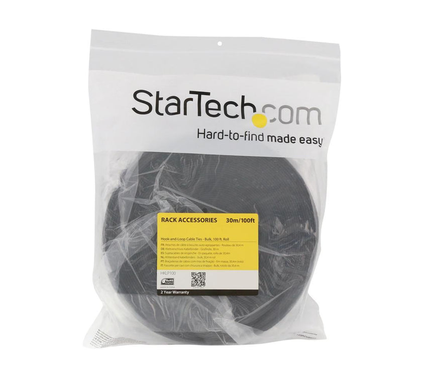 StarTech HKLP100 Hook-and-Loop Cable Management Tie - 100 ft. Bulk Roll - Black - Cut-to-Size Cable Wrap / Straps