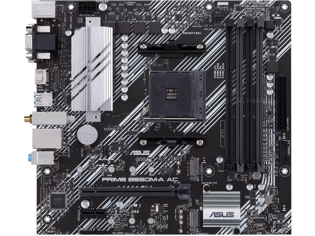 ASUS PRIME B550M-A AC AMD AM4 mATX motherboard with impressive features, including PCIe 4.0, dual M.2 slots, WiFi, HDMI, D-Sub, DVI, SATA 6 Gbps, USB 3.2 Gen 2 ports, and Aura Sync RGB lighting