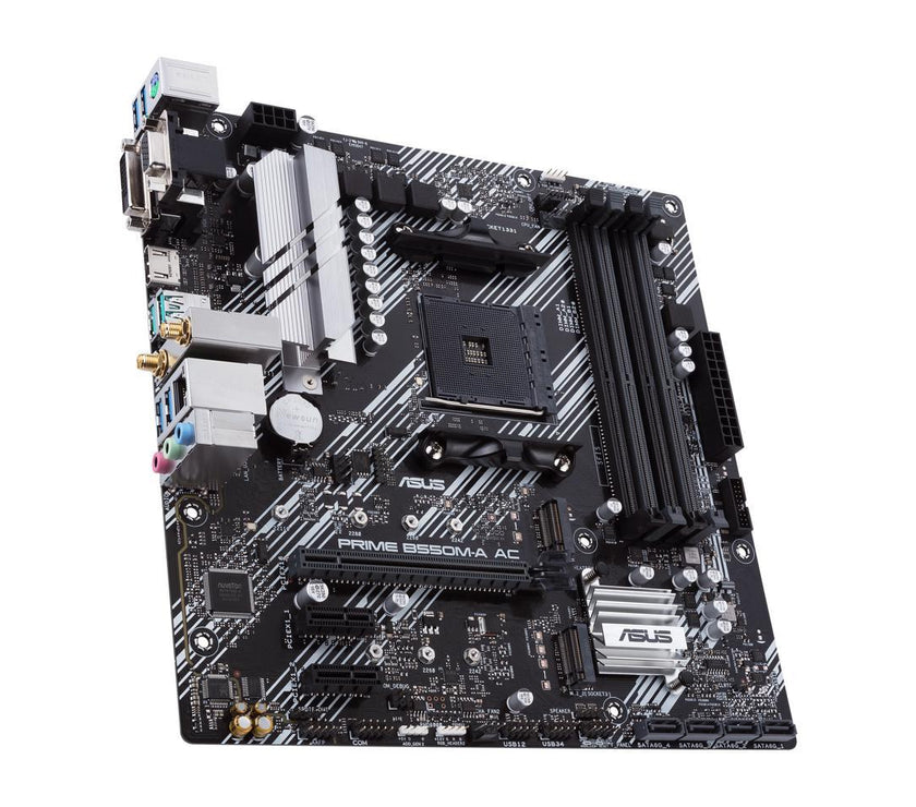 ASUS PRIME B550M-A AC AMD AM4 mATX motherboard with impressive features, including PCIe 4.0, dual M.2 slots, WiFi, HDMI, D-Sub, DVI, SATA 6 Gbps, USB 3.2 Gen 2 ports, and Aura Sync RGB lighting