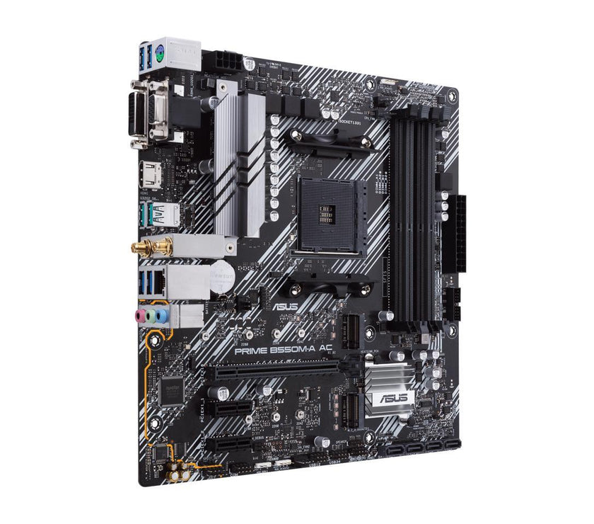 ASUS PRIME B550M-A AC AMD AM4 mATX motherboard with impressive features, including PCIe 4.0, dual M.2 slots, WiFi, HDMI, D-Sub, DVI, SATA 6 Gbps, USB 3.2 Gen 2 ports, and Aura Sync RGB lighting