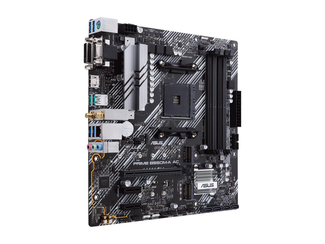 ASUS PRIME B550M-A AC AMD AM4 mATX motherboard with impressive features, including PCIe 4.0, dual M.2 slots, WiFi, HDMI, D-Sub, DVI, SATA 6 Gbps, USB 3.2 Gen 2 ports, and Aura Sync RGB lighting