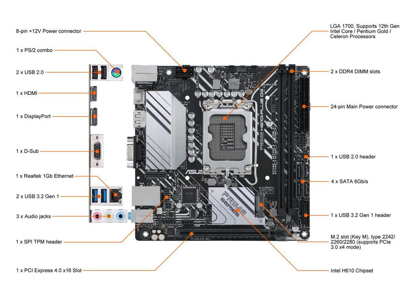 ASUS PRIME H610I-PLUS D4 LGA 1700 (Intel 12th & 13th Gen & Intel vPro) mini ITX Motherboard (PCIe 4.0, DDR4, USB 3.2 Gen 1 Type-A, M.2 slot, 1 Gb Lan, DP/HDMI/D-Sub, V-M.2 slot (Key E), Q-LED)