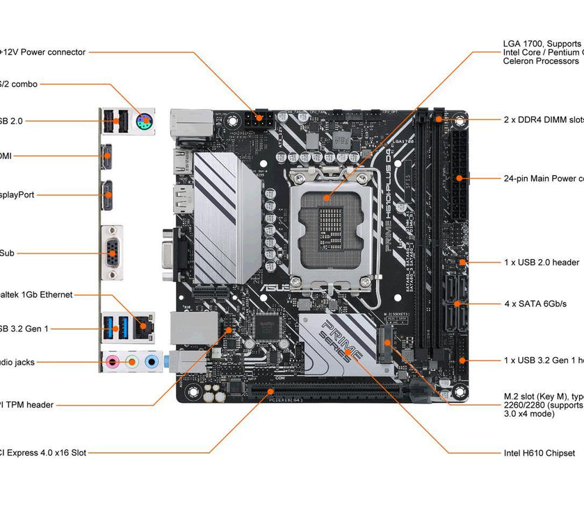 ASUS PRIME H610I-PLUS D4 LGA 1700 (Intel 12th & 13th Gen & Intel vPro) mini ITX Motherboard (PCIe 4.0, DDR4, USB 3.2 Gen 1 Type-A, M.2 slot, 1 Gb Lan, DP/HDMI/D-Sub, V-M.2 slot (Key E), Q-LED)