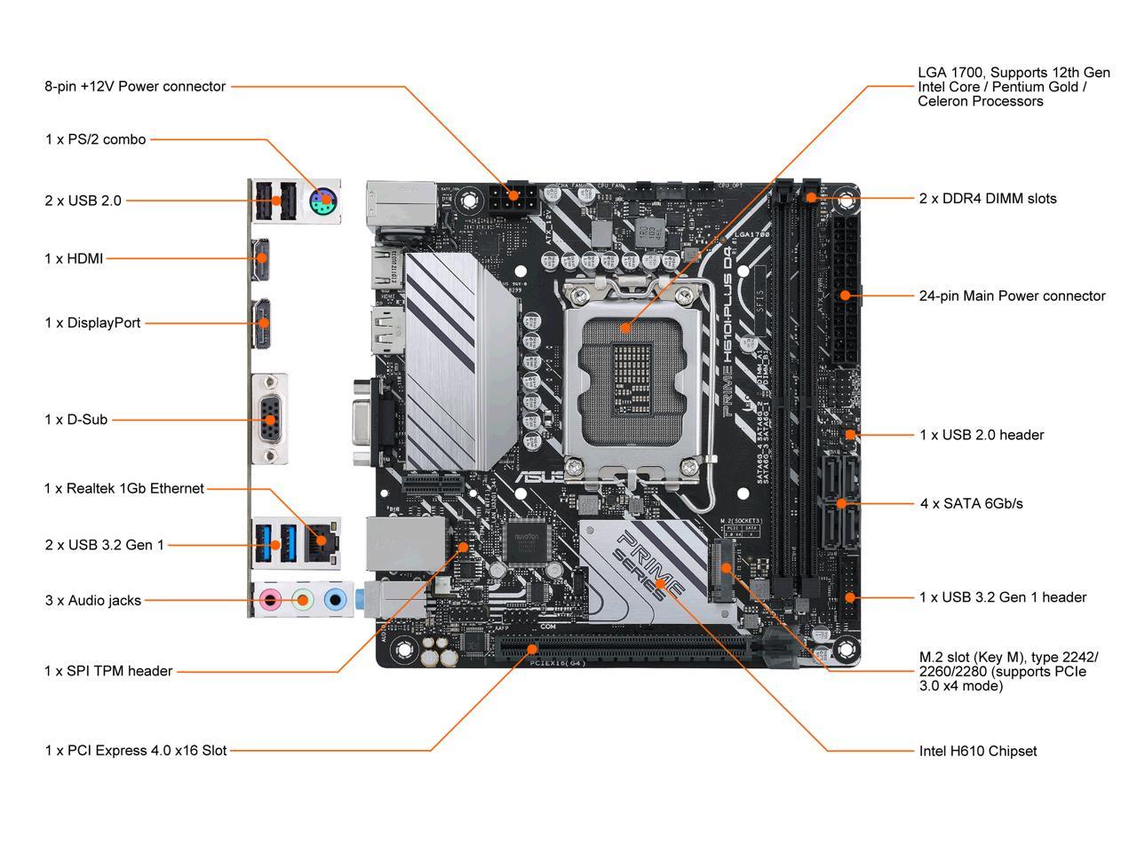 ASUS PRIME H610I-PLUS D4 LGA 1700 (Intel 12th & 13th Gen & Intel vPro) mini ITX Motherboard (PCIe 4.0, DDR4, USB 3.2 Gen 1 Type-A, M.2 slot, 1 Gb Lan, DP/HDMI/D-Sub, V-M.2 slot (Key E), Q-LED)