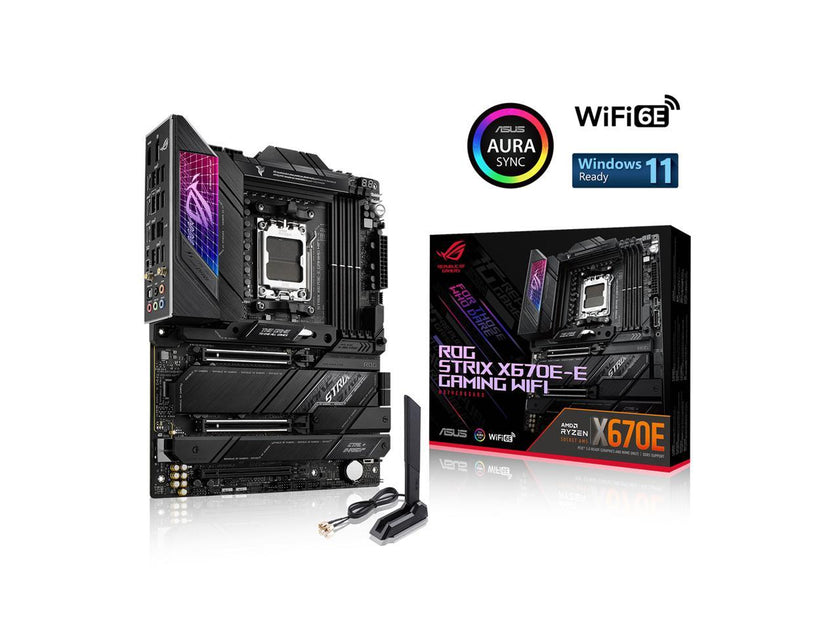 ASUS ROG STRIX X670E-E GAMING WIFI AMD X670 AM5 Ryzen Desktop 9000 8000 & 7000 ATX motherboard, 18+2 power stages, DDR5, 4x M.2 slots with heatsink, PCIe 5.0, USB 3.2 Gen 2x2, WiFi 6E, AI Cooling II