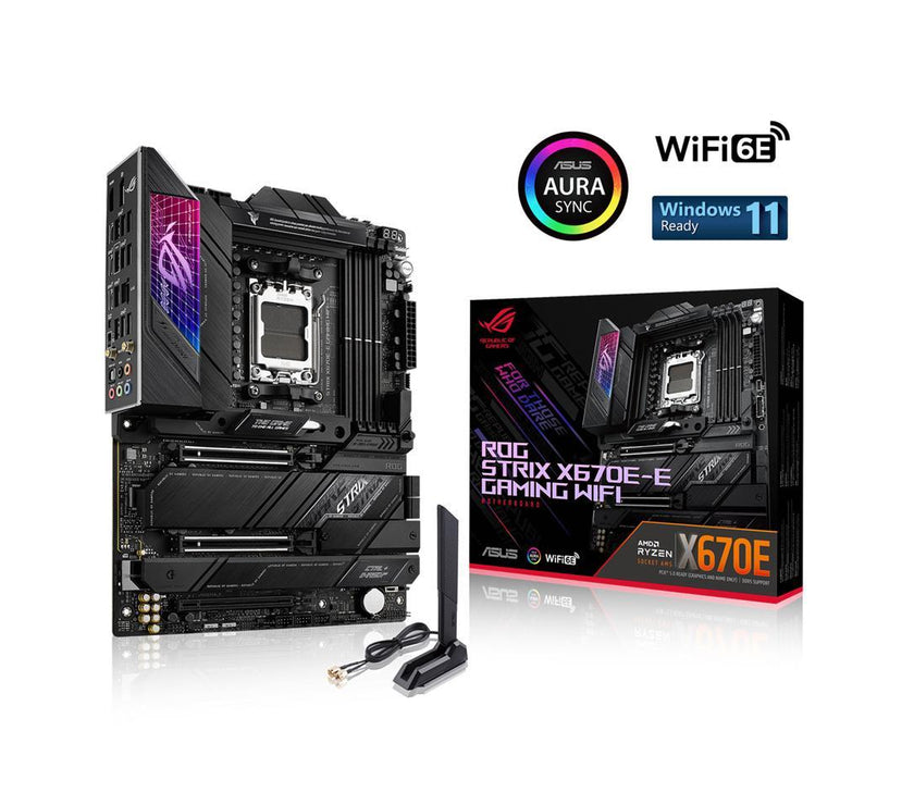 ASUS ROG STRIX X670E-E GAMING WIFI AMD X670 AM5 Ryzen Desktop 9000 8000 & 7000 ATX motherboard, 18+2 power stages, DDR5, 4x M.2 slots with heatsink, PCIe 5.0, USB 3.2 Gen 2x2, WiFi 6E, AI Cooling II