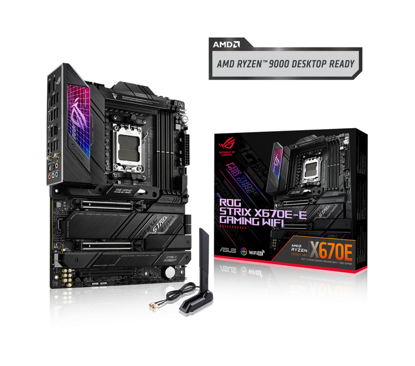 ASUS ROG STRIX X670E-E GAMING WIFI AMD X670 AM5 Ryzen Desktop 9000 8000 & 7000 ATX motherboard, 18+2 power stages, DDR5, 4x M.2 slots with heatsink, PCIe 5.0, USB 3.2 Gen 2x2, WiFi 6E, AI Cooling II