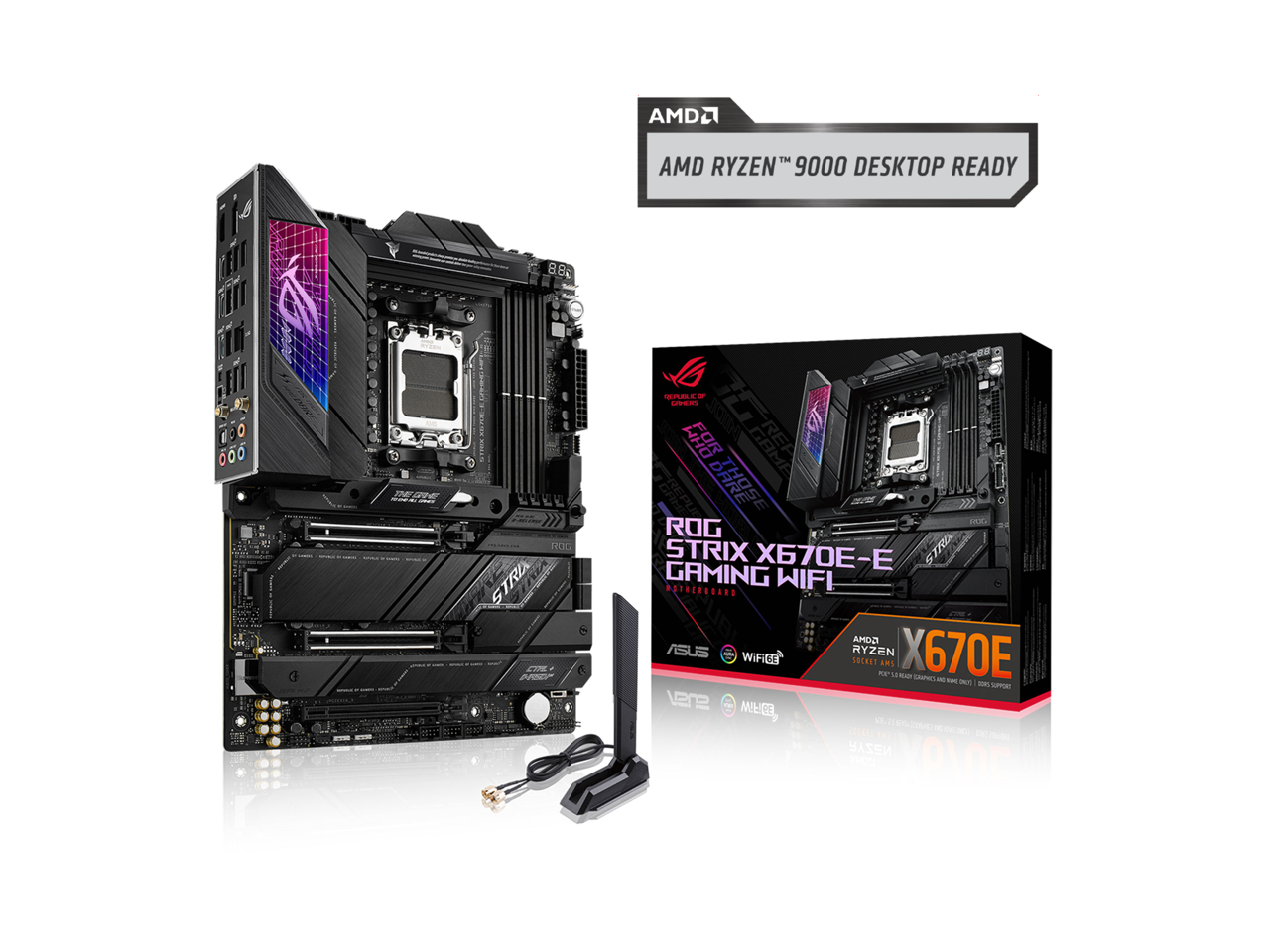 ASUS ROG STRIX X670E-E GAMING WIFI AMD X670 AM5 Ryzen Desktop 9000 8000 & 7000 ATX motherboard, 18+2 power stages, DDR5, 4x M.2 slots with heatsink, PCIe 5.0, USB 3.2 Gen 2x2, WiFi 6E, AI Cooling II