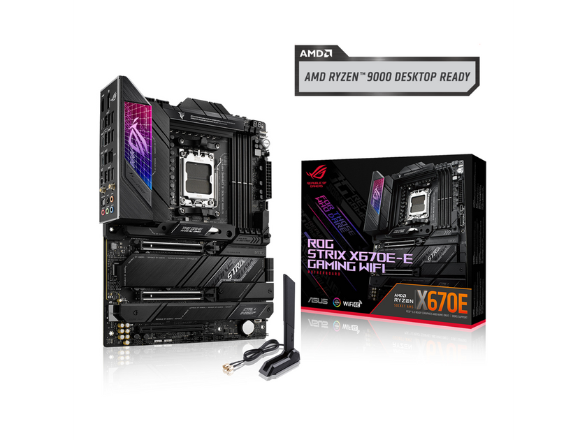 ASUS ROG STRIX X670E-E GAMING WIFI AMD X670 AM5 Ryzen Desktop 9000 8000 & 7000 ATX motherboard, 18+2 power stages, DDR5, 4x M.2 slots with heatsink, PCIe 5.0, USB 3.2 Gen 2x2, WiFi 6E, AI Cooling II