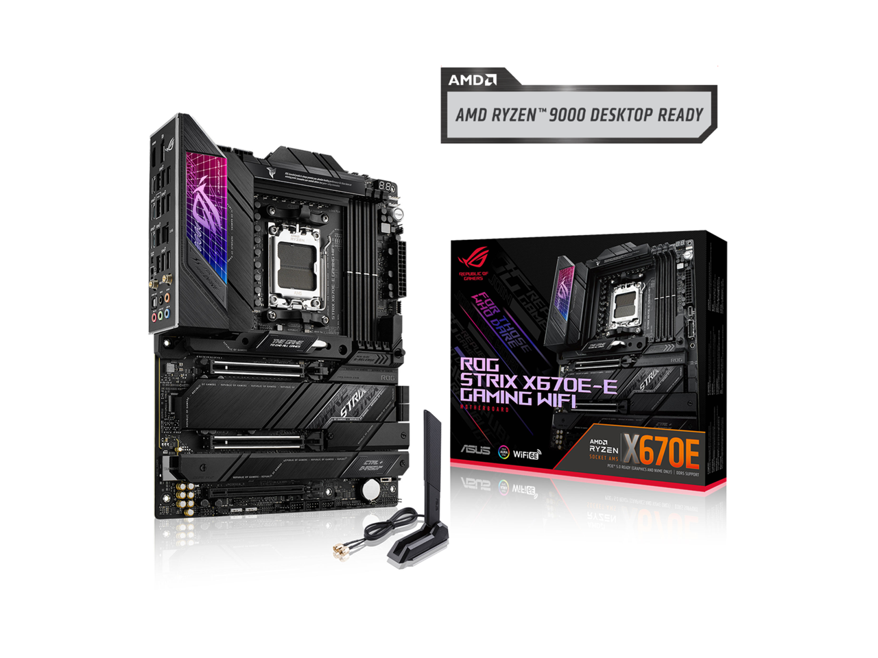 ASUS ROG STRIX X670E-E GAMING WIFI AMD X670 AM5 Ryzen Desktop 9000 8000 & 7000 ATX motherboard, 18+2 power stages, DDR5, 4x M.2 slots with heatsink, PCIe 5.0, USB 3.2 Gen 2x2, WiFi 6E, AI Cooling II
