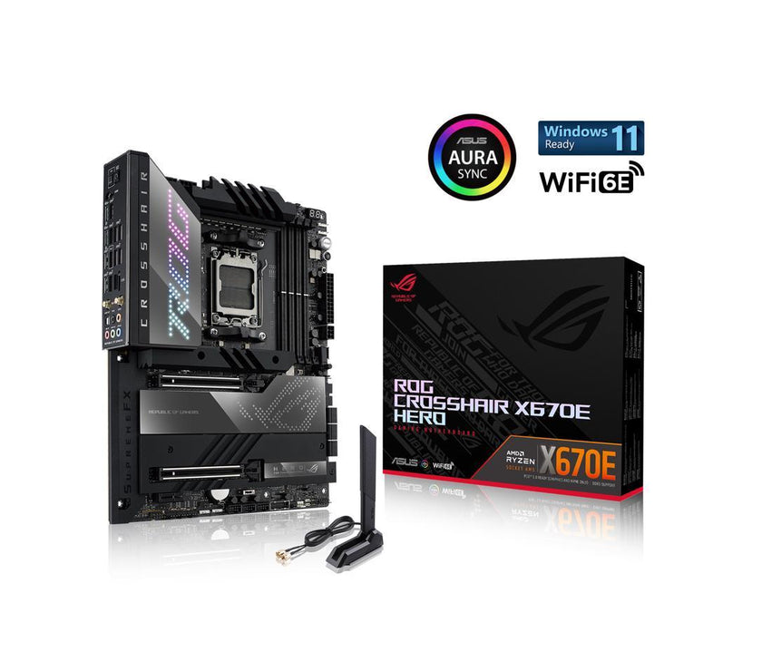 ASUS ROG Crosshair X670E Hero AMD X670 AM5 Ryzen Desktop 9000 8000 & 7000 ATX motherboard, 18 + 2 power stages, PCIe 5.0, DDR5, 5x M.2 slots, USB 3.2 Gen 2x2 with Quick Charge 4+, USB4, Wi-Fi 6E