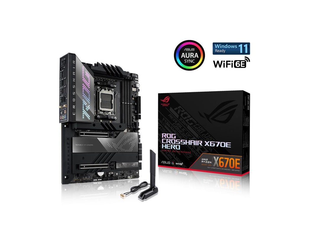 ASUS ROG Crosshair X670E Hero AMD X670 AM5 Ryzen Desktop 9000 8000 & 7000 ATX motherboard, 18 + 2 power stages, PCIe 5.0, DDR5, 5x M.2 slots, USB 3.2 Gen 2x2 with Quick Charge 4+, USB4, Wi-Fi 6E