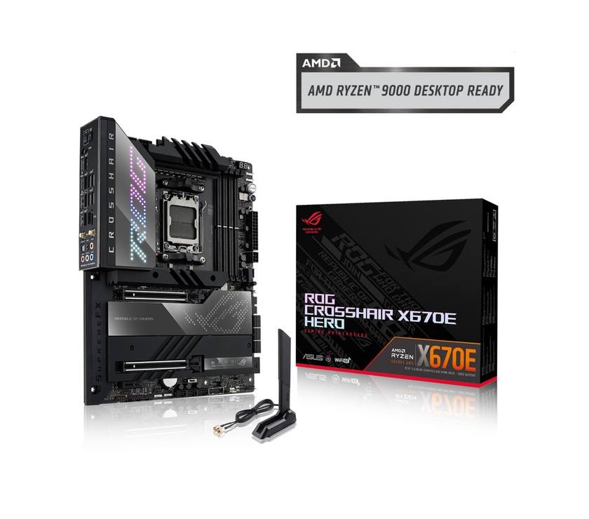 ASUS ROG Crosshair X670E Hero AMD X670 AM5 Ryzen Desktop 9000 8000 & 7000 ATX motherboard, 18 + 2 power stages, PCIe 5.0, DDR5, 5x M.2 slots, USB 3.2 Gen 2x2 with Quick Charge 4+, USB4, Wi-Fi 6E